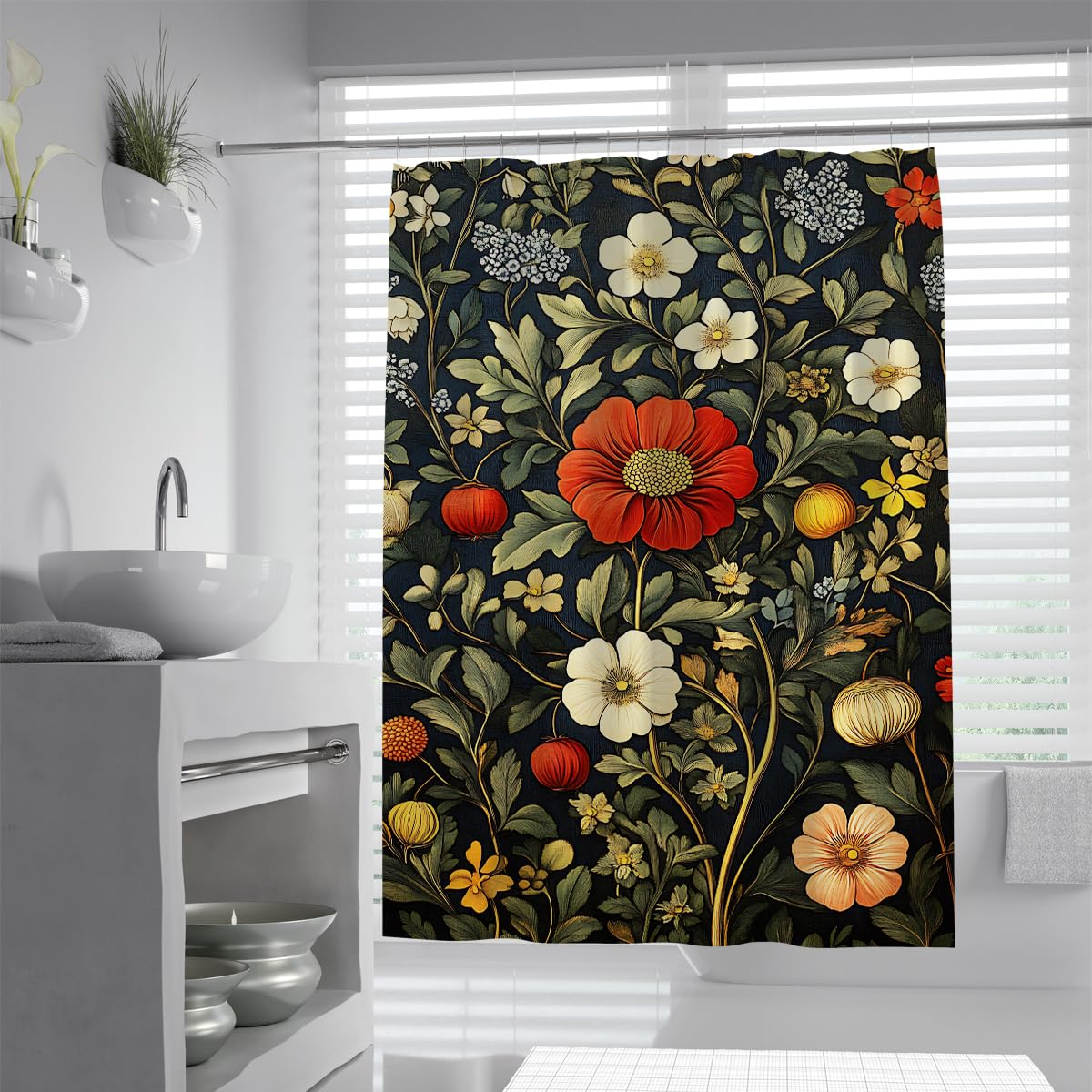 OLLIAR Home Boho Floral Shower Curtain Set with Hooks Waterproof Fabric Cloth Shower Curtains for Rustic Cottage Garden Vintage Farmhouse Bathroom Decor 180x200