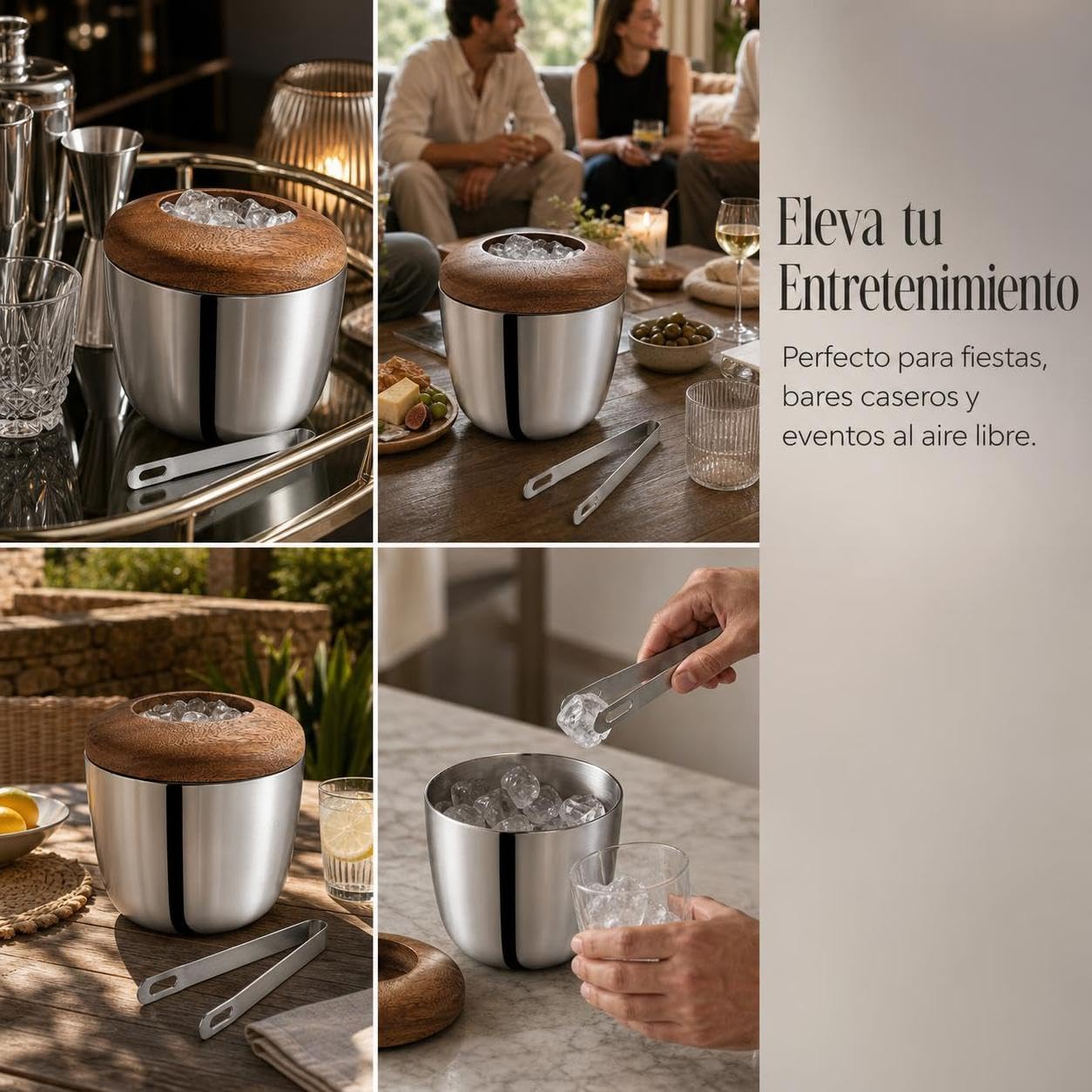 Cubitera Acero Inoxidable con Tapa y Pinzas para Hielo, Estilo Europeo, para Camping