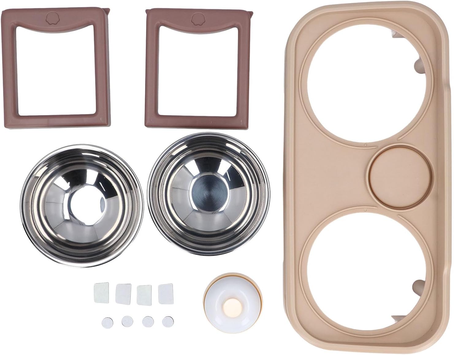 Double Pet Bowl, Elevated, Tilted 15 Degree, HIPS Stainless Steel, Detachable, Anti Slip Pads, with Bell, for Cats Dogs, Food Water Bowl, Neck Protection, Prevent Spills