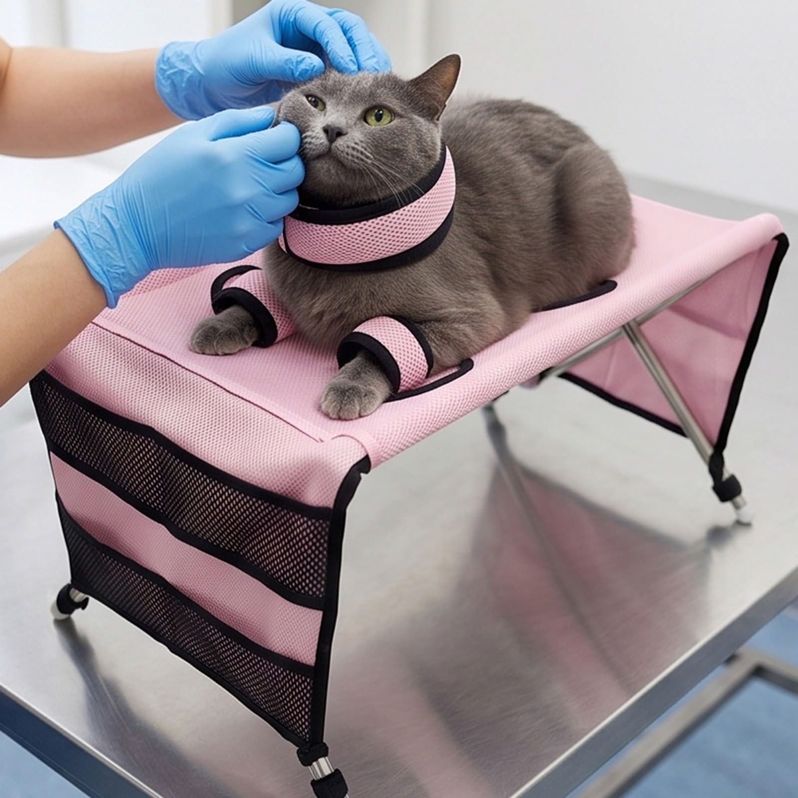 Haustierpflege-Hängematte mit Riemen, Tisch-Badestation für Katzen, Rot | Fellpflegeständer mit vier Löchern und seitlichen Aufbewahrungstaschen zum Trimmen von Ohren und Ohren