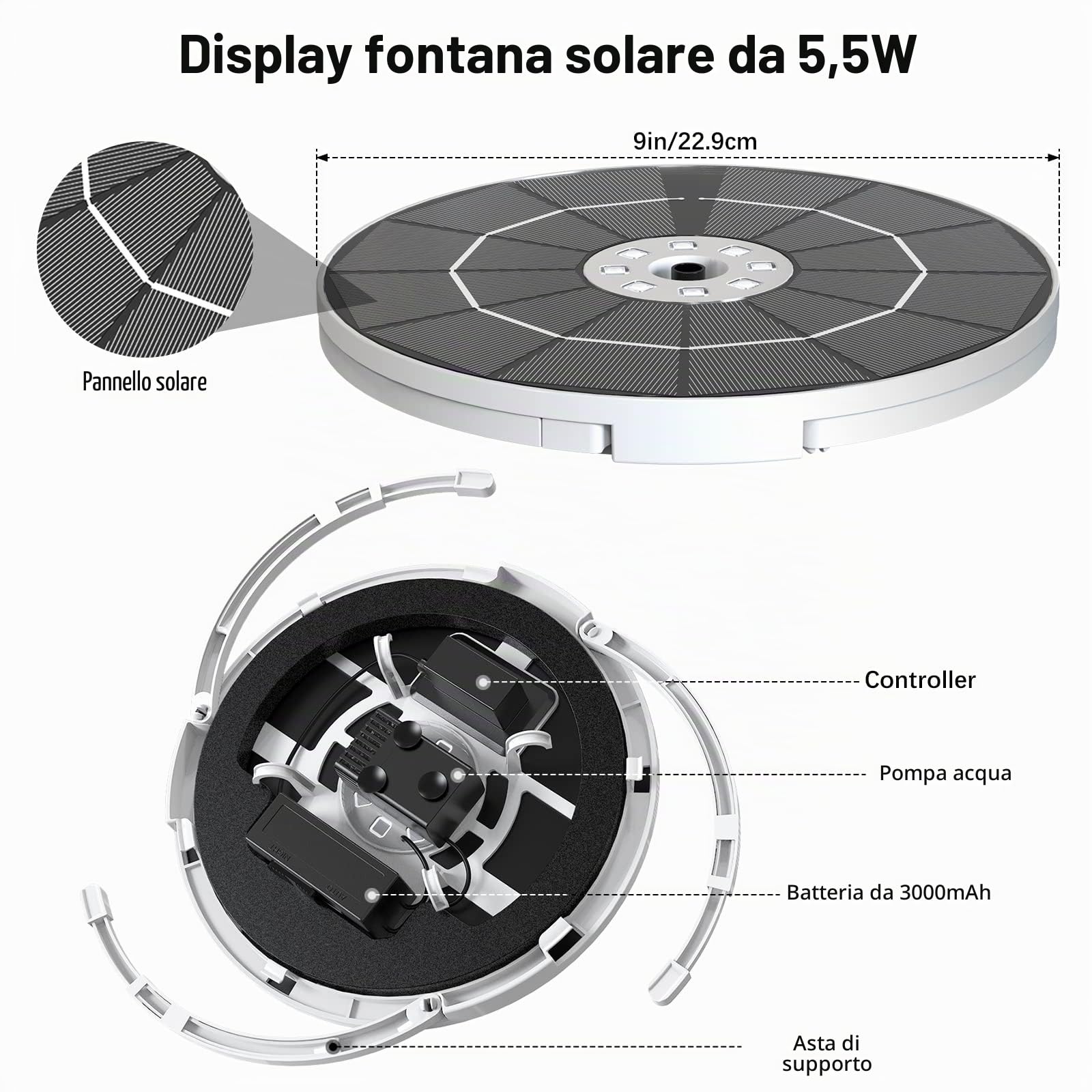 AISITIN Fontana Solare LED 5,5W per Laghetto con Supporto Regolabile, Pompa per Giardino a Luci Multicolori e Ugelli Intercambiabili, Fontana Energeticamente Efficiente per Vasca Uccelli e Giardino