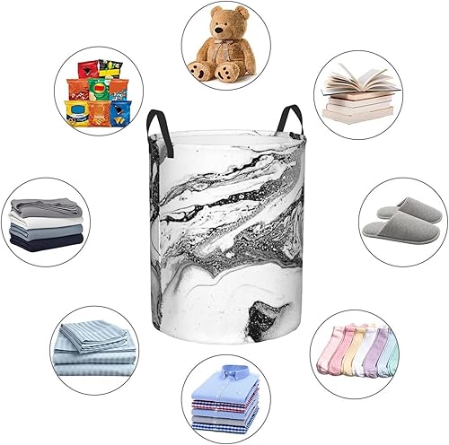 Miniatura 6 de Cesta de lavandería impresa de mármol blanco y negro con asa duradera, cesta organizadora circular impermeable para cuarto de baño dormitorio