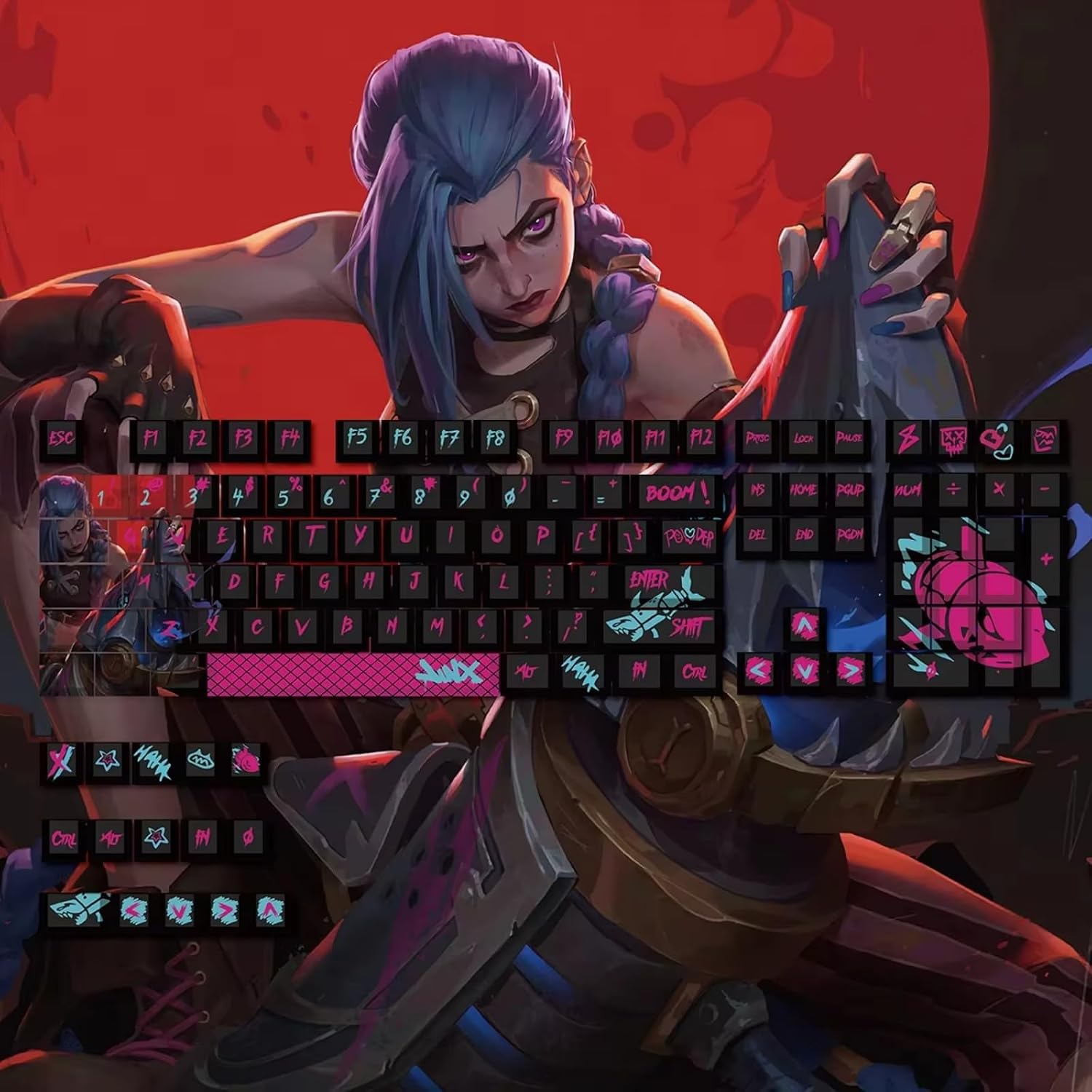 108 Keys Game LOL Jinx Keycap Mechanical Keyboard Set Light Transmission Heat Sublimation PBT Anime Keycaps for Most Wired Keyboards