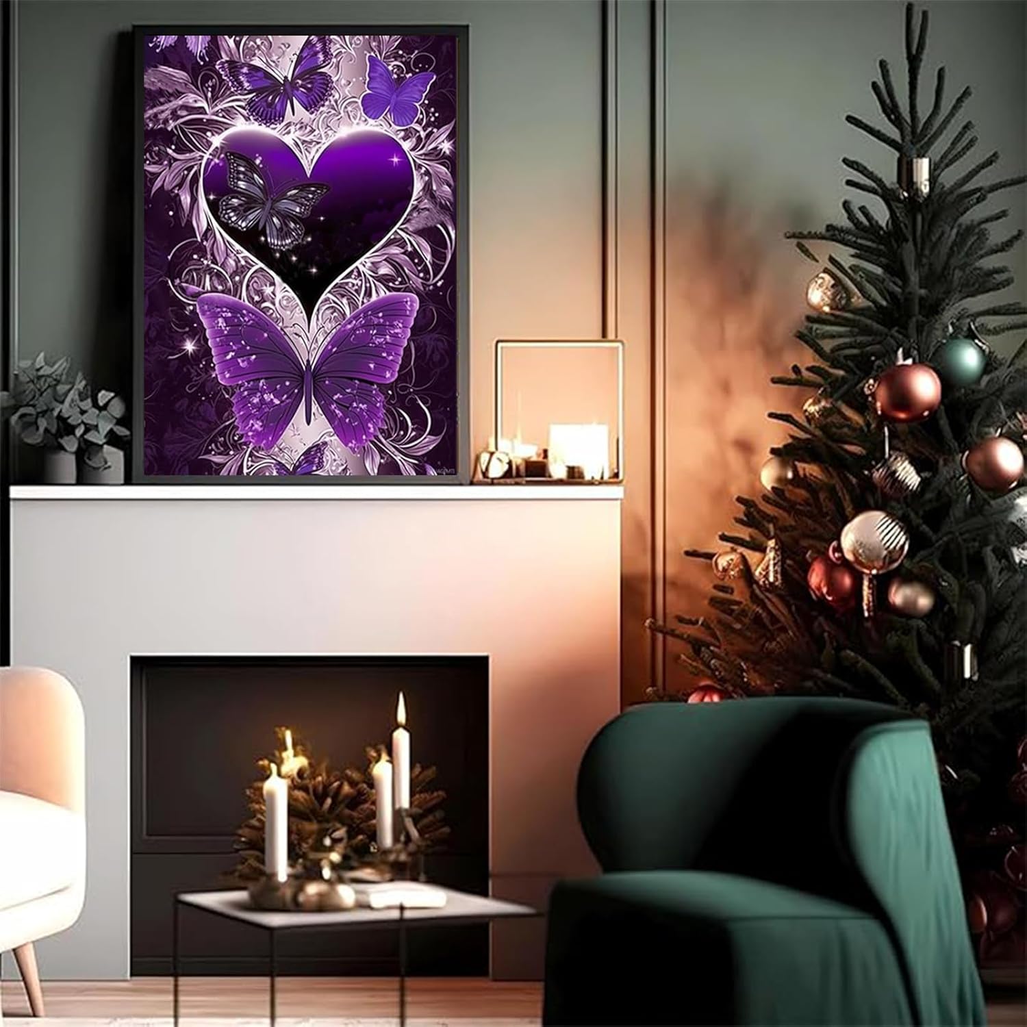 PUAGEMTI Diamond Painting Kits for Adults Full Drill Round Crystal Rhinestone Diamond Art Craft Canvas Supply for Home Wall Purple Butterflies and Love 12x16 Inch