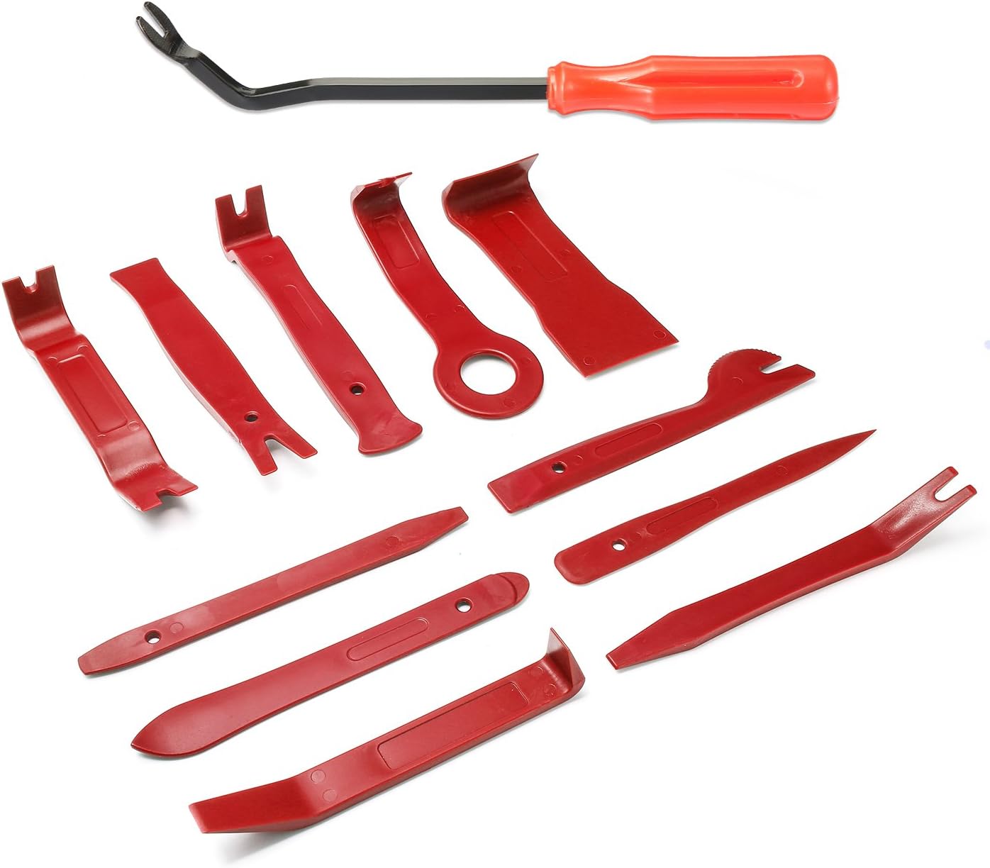 DEYUE 12 Pcs Auto Trim Removal Tool Kit Set with Fastener Clip Remover | Car Door Panel Dash Audio Remover Red POM Plastic Pry Tool Kit | Handy Storage Bag