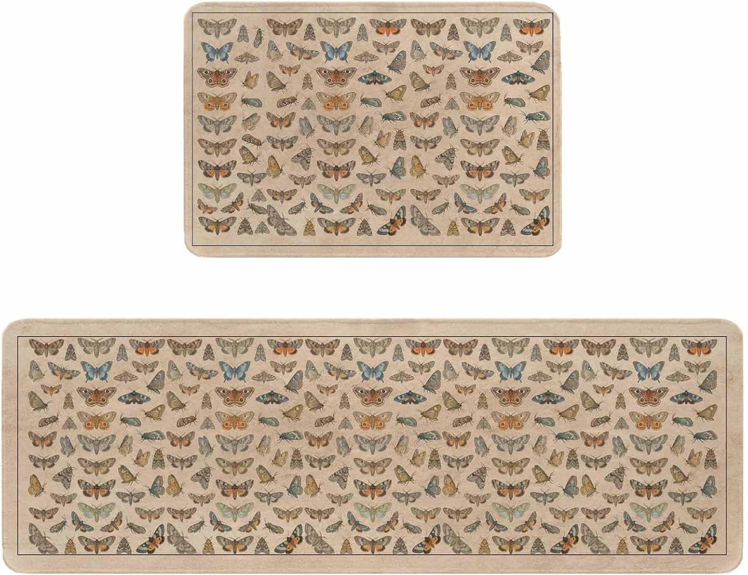 Vintage Butterflies Kitchen Rugs and Mats Set of 2, Non-Slip Kitchen Sink Mat, Retro Animal Biological Atlas Brown Washable Doormat Bathroom Rugs Runner for Bedroom/Living Room 19.7"x31.5"+19.7"x63"