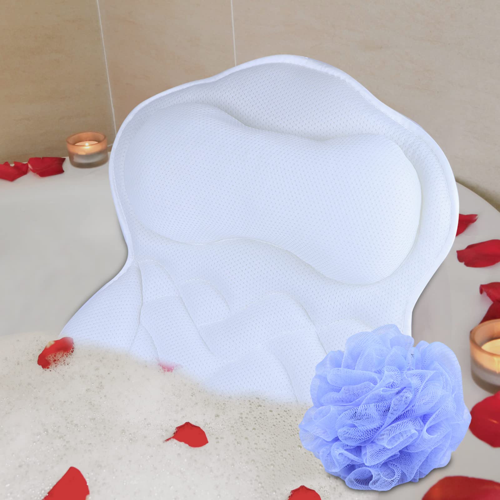 BesititliBath Pillow Bathtub Pillow, Spa Bath Pillows for Tub Neck and Back Support, 4D Air Mesh Hot Tub Pillow with 6 Strong Suction Cups, Bathtub Accessories for Jacuzzi Bubble Soaking Bath(White)…