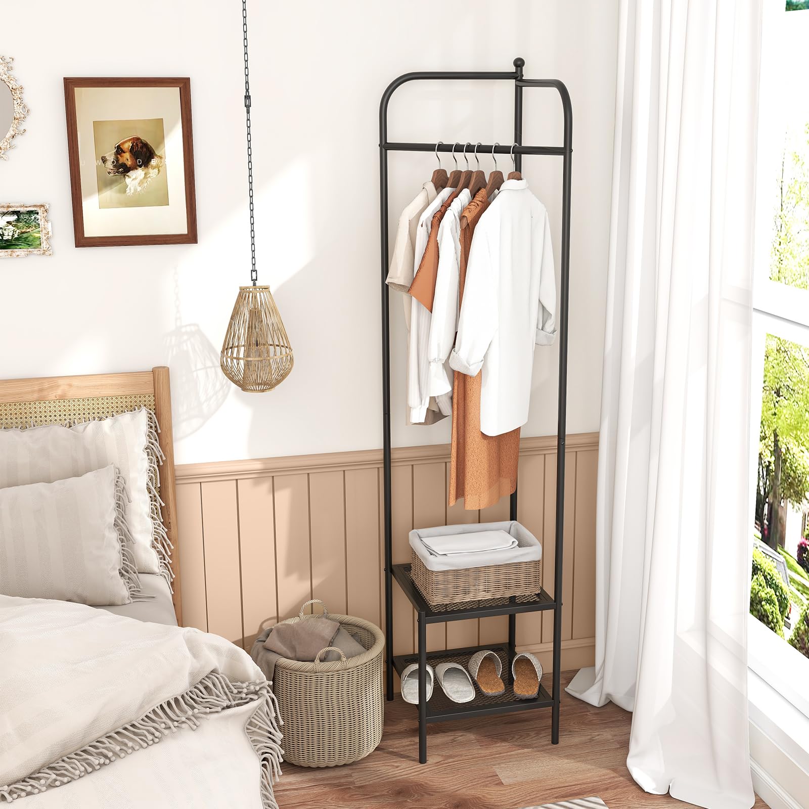COSTWAY Porte Manteau sur Pieds, Portant a Vetement Solide avec Cintre Supérieur et 2 Étagères en Maille, Kits Anti-Basculement, Vestiaire d'Entrée, Hauteur 193,5 cm, pour Entrée, Chambre (Noir)
