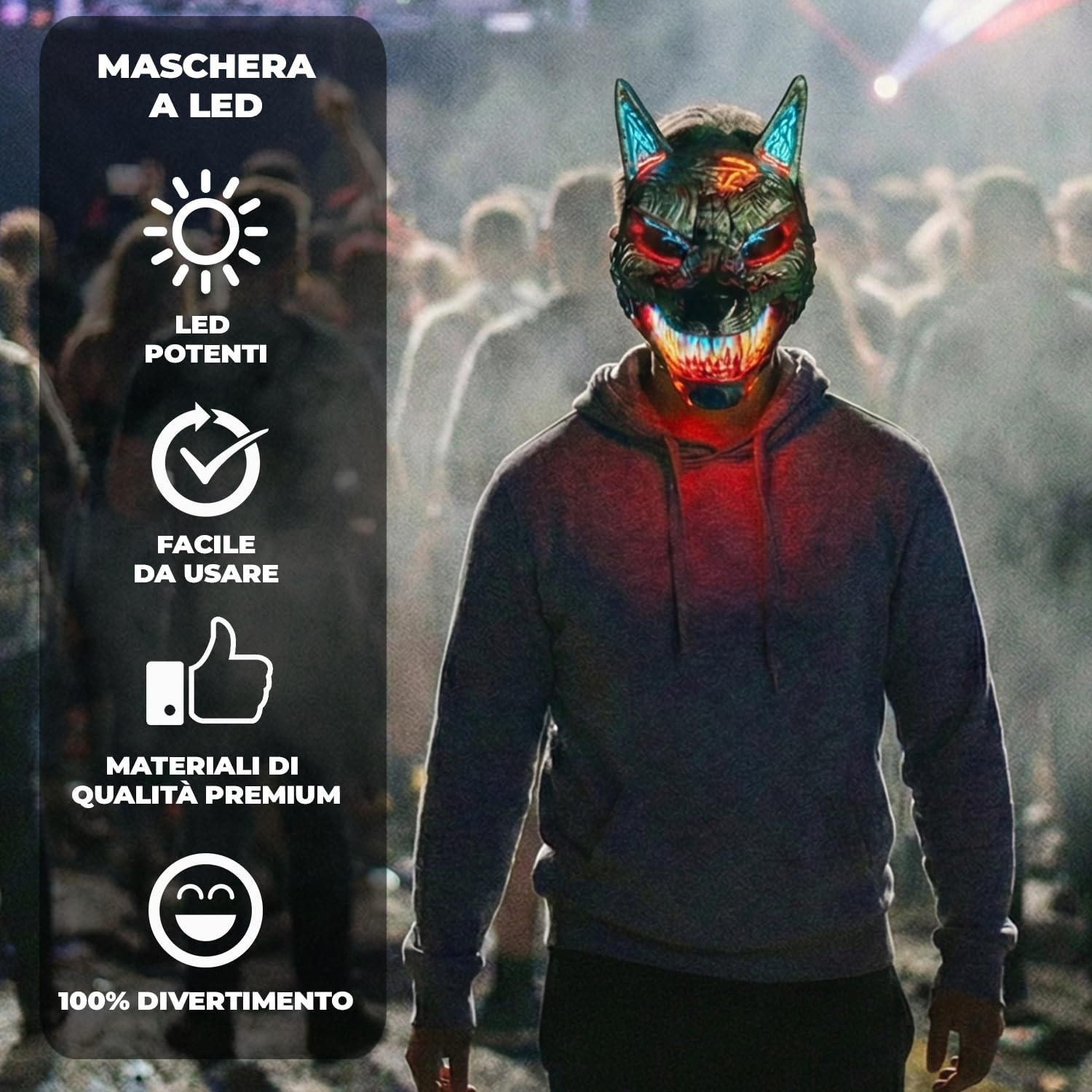 Original Cup Maschera LED Uomo Lupo | Plastica rigida | 3 modalità lampeggianti | Maschera LED di Halloween | Neon | 100% Orrore | 100% Divertimento