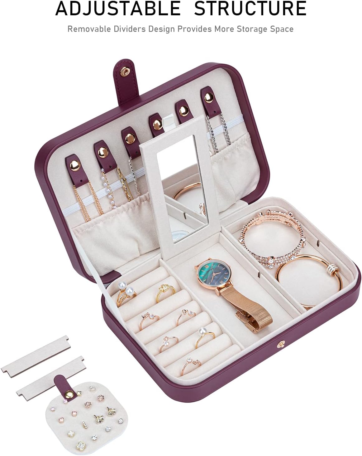 Jewelry Travel Organizer, Travel Jewelry Box Portable, Small Travel Jewelry Case with Mirror, PU Leather Small Jewelry Box for Women, Burgundy Red B - Image 4