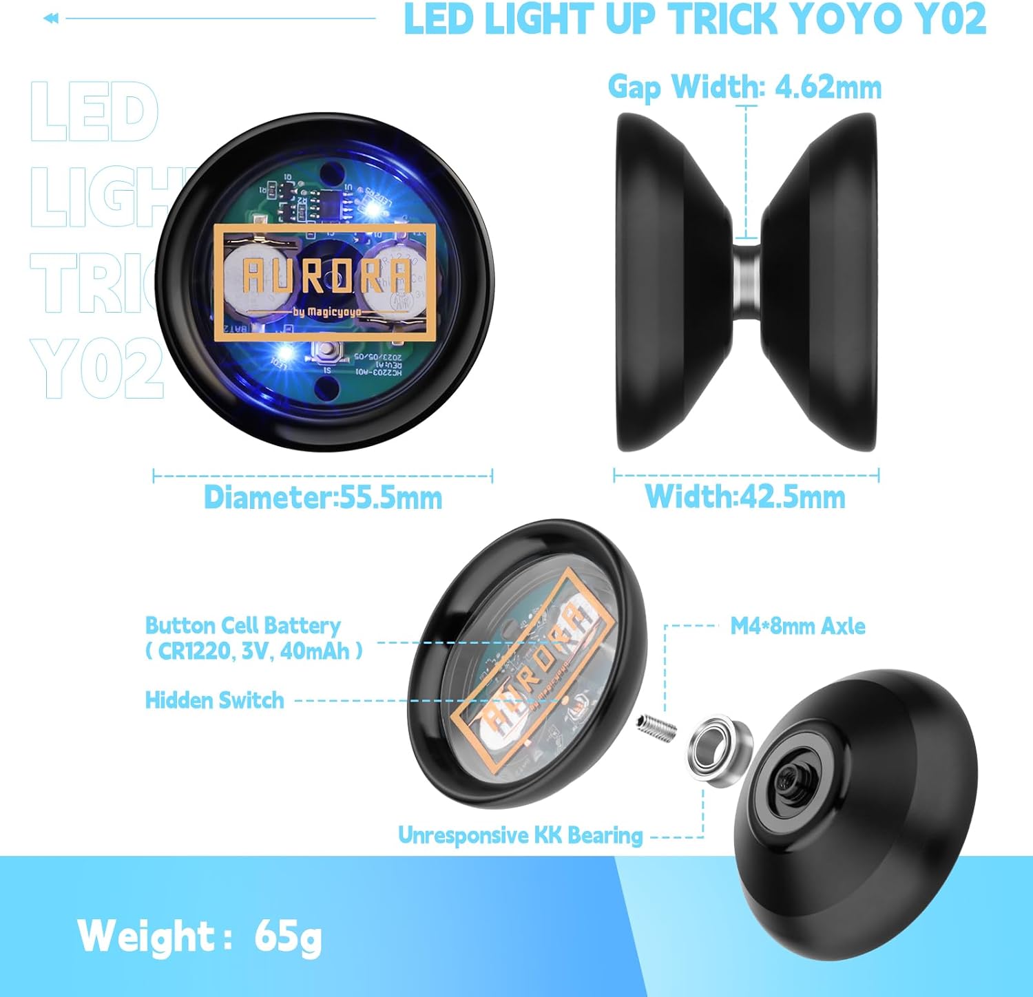 MAGICYOYO Light Up Yoyo - Y02 Aurora Professional Unresponsive Yo Yo with Glove, Yo Yo Storage Bag, Extra Battery,12 Yoyo Strings-LED Light Effect (Blue Light)