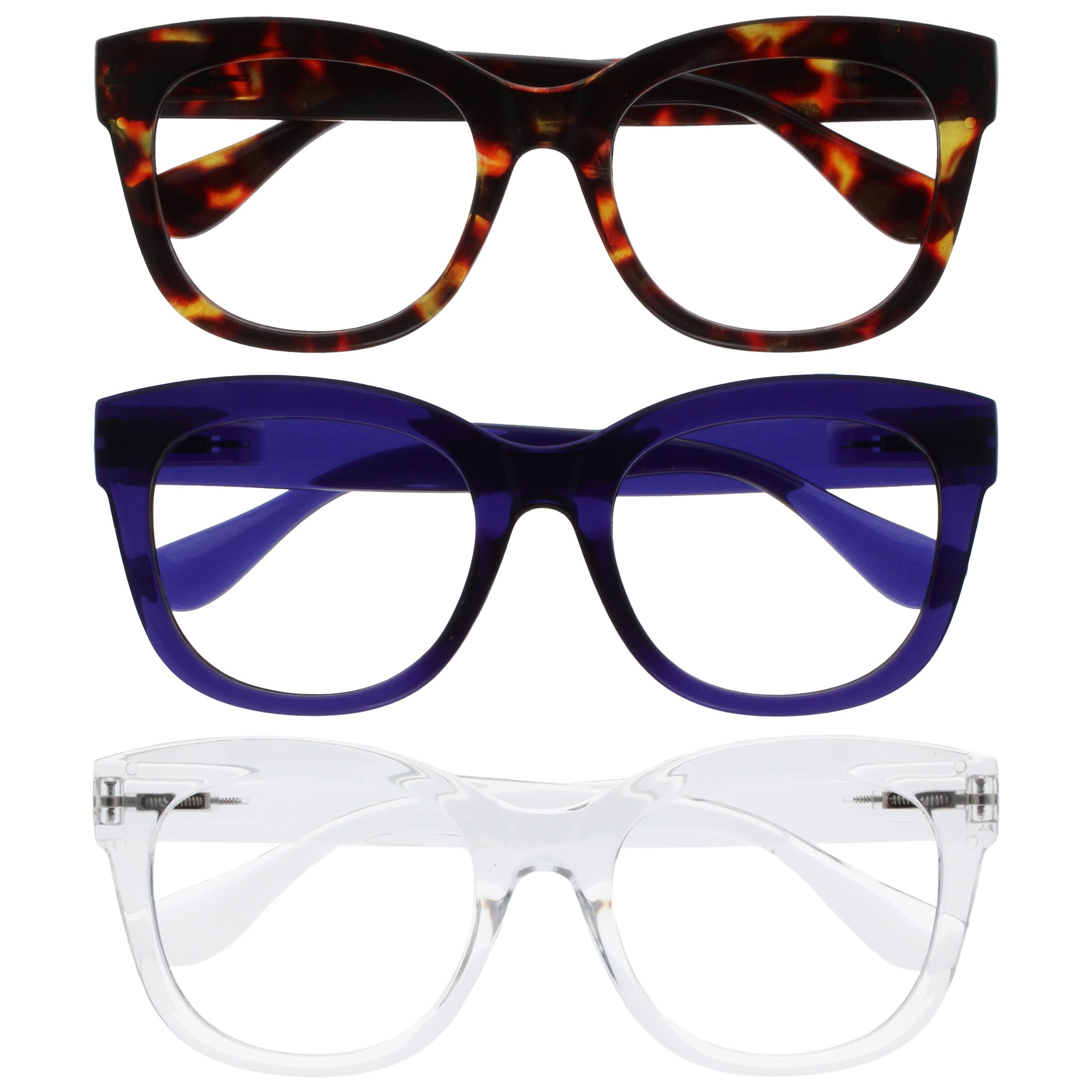 OPULIZE BIG Blue Light Blocking Reading Glasses - Bold Round Fashion Frame - Anti-Glare Anti-Reflective Computer Gaming - 3 Pack - UV & Eyestrain Protection - Brown Indigo Clear - Mens Womens +1.50