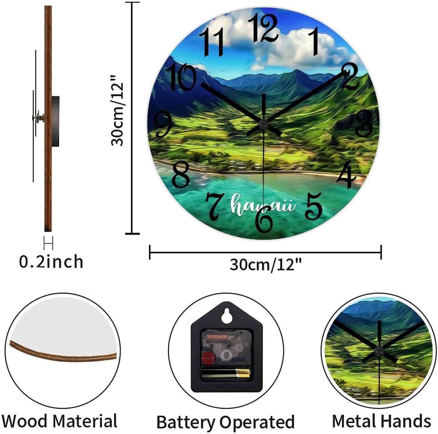Hawaii Decorative Wood Clock Hawaii City Coastal Landscape Clocks for Wall Battery Operated Silent Clocks for Bathroom Bedroom 12x12in New Home Housewarming Gift, Style, s4377p88hvl6