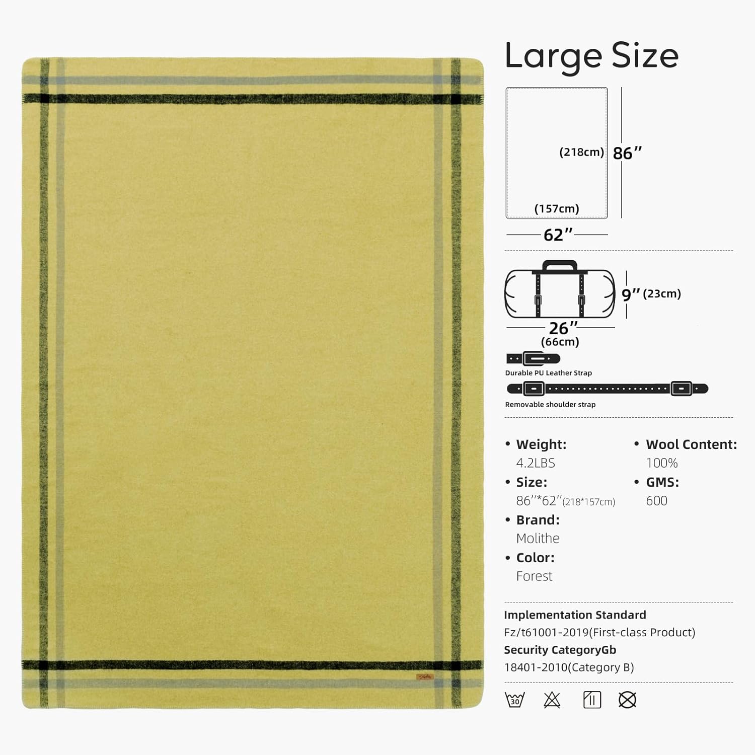 100% Wool Blanket, 62" x 86", Warm, Thick, Washable, Military Wool Blanket, Great for Camping, Outdoors, Sporting Events, Survival Kits - Image 6