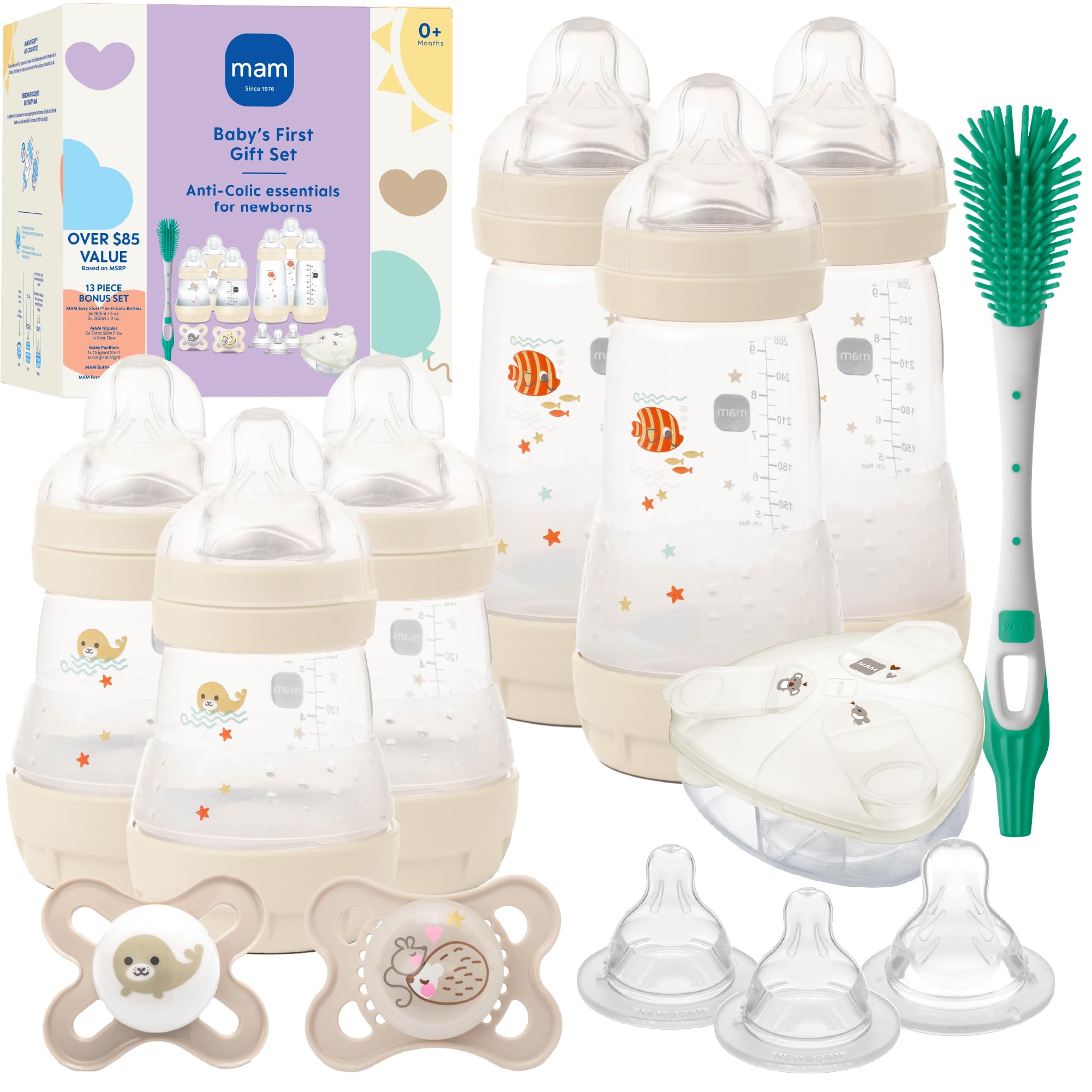 MAM Baby’s First Gift Set, 0+ Months, 5oz and 9oz Anti-Colic Bottles with Self-Sterilization, SkinSoft Silicone Nipples and Pacifiers, Dishwasher Safe Formula Dispenser and Bottle Brush, Unisex