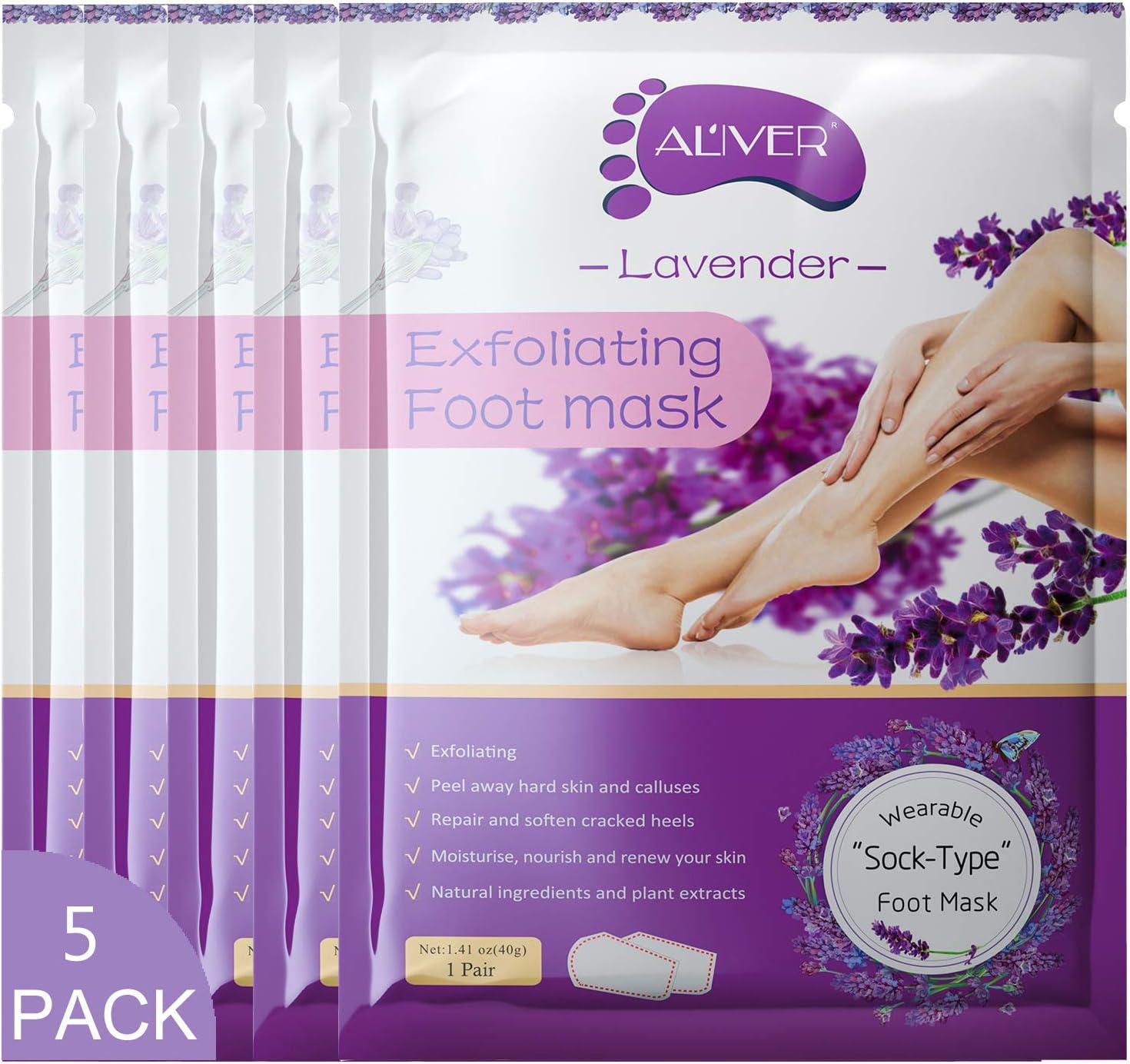 Foot Peel Mask - 5 Pack of Lavander Foot Mask - Removes Calluses,Dead and Dry Skin - Repairs Rough Heels, Foot Peeling Mask for Women and Men