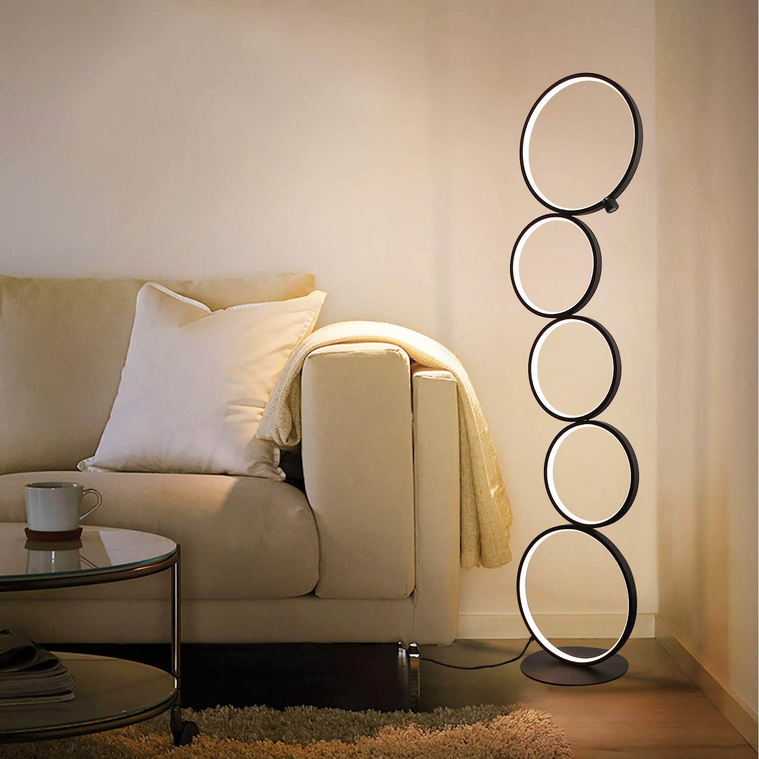 GBLY LED ściemnialna lampa podłogowa nowoczesna 32W przełącznik dotykowy ciepła biel 3000K aluminiowa górna 5-Lekka pierścieniowa czarna do sypialni salon