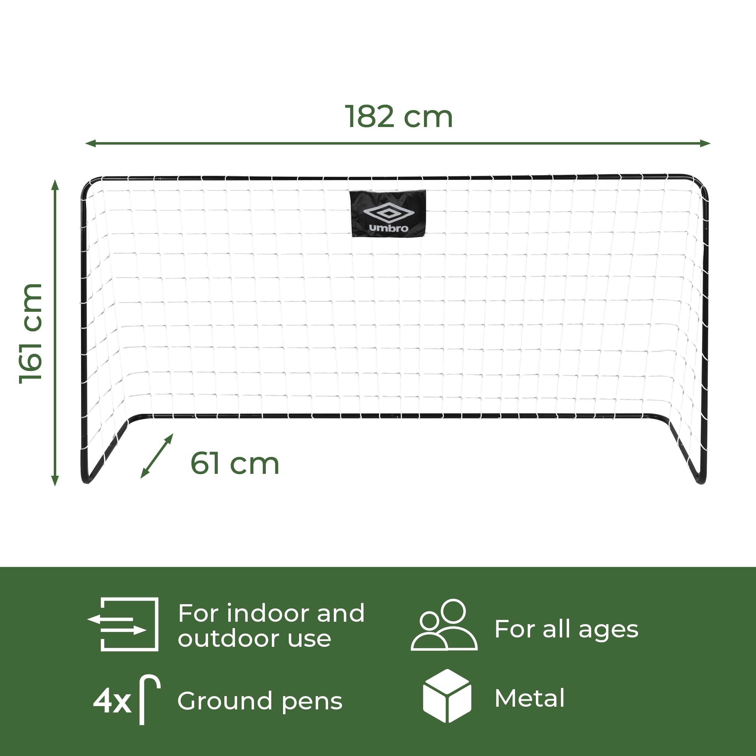 Umbro Porta da calcio – 182 x 122 x 61 cm – Metallo – Include 2 ganci da pavimento – Nero
