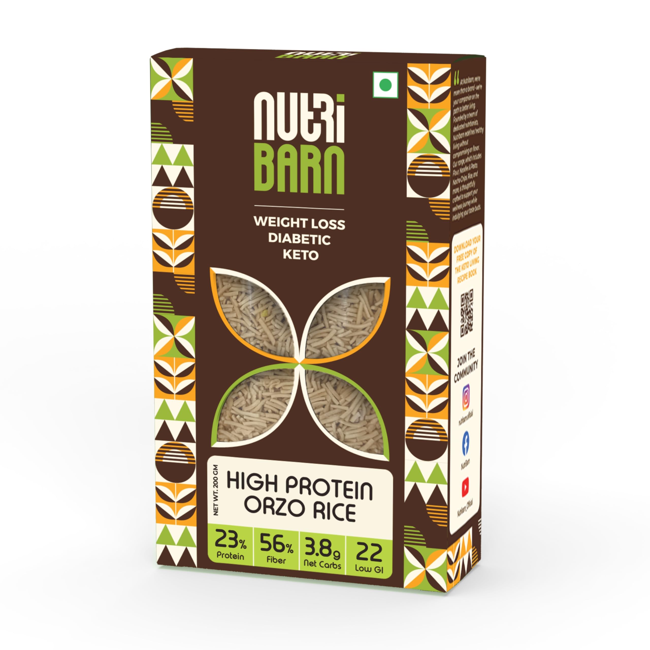 Nutribarn High Protein Low Carb Orzo Rice 200 Gms | 23% Protein | 3.8g Net Carbs | Lab Tested Low GI 22 | Diabetic Friendly, Weight Management Fillini Rice | 200g (1 Pack)