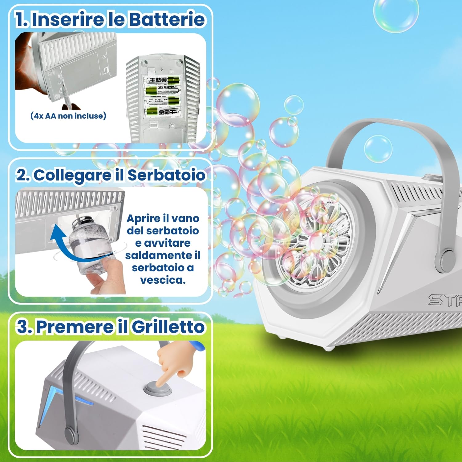 Blubbel Macchina Bolle di Sapone LED, 2x 90ml Liquido + 1L Automatico Pistola Sparabolle Bambini, Bazooka d'Aria, Bubble Gun, Giocattolo Estivo, Regalo Matrimonio, Gioco all’Aperto