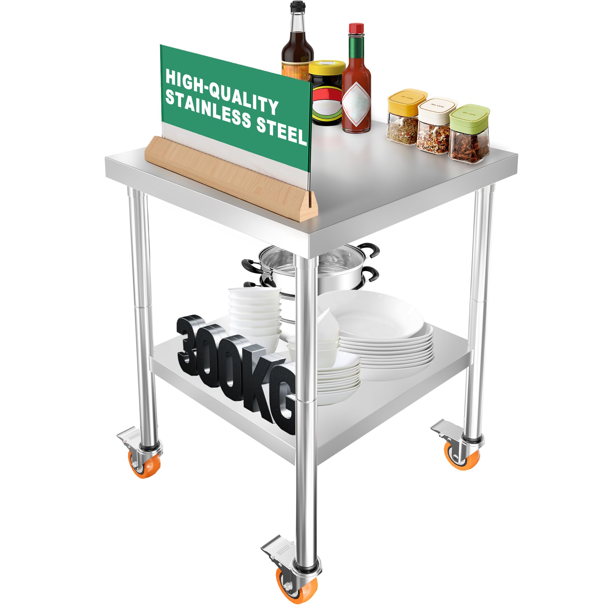NAIZY Edelstahl Arbeitstisch 61 x 46 x 85 cm Edelstahltisch Tisch mit 4 Lenkrollen & Verstellbare Füße Edelstahl Tisch Gastro bis 300 kg für Outdoor, Werkstatt, Restaurant und Lebensmittelzubereitung