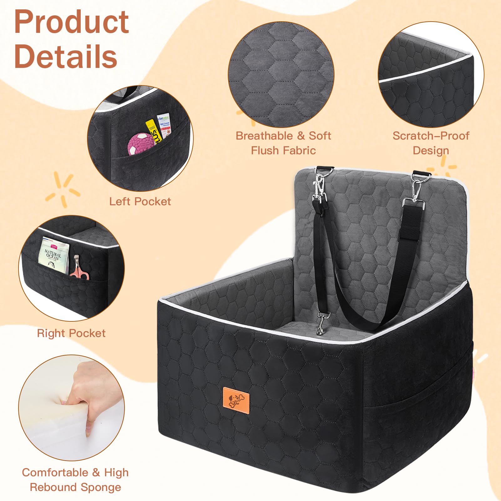 Asiento Perro Coche, Extra Estable Cama Perro Coche con Espuma Viscoelástica, Funda Lavable y Cinturón de Seguridad, Asiento Coche Perros para Medianos y Pequeños de hasta 13.6 kg, 52x52x50cm - 3