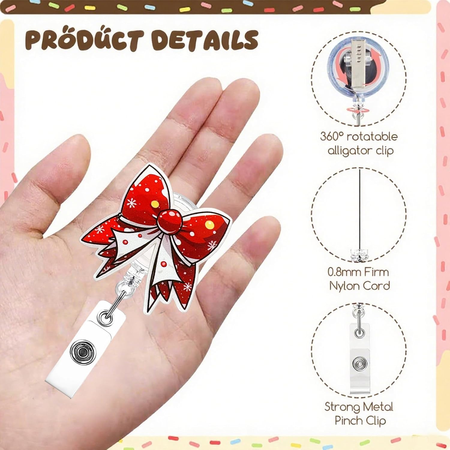 Christmas Red Bow Badge Reel with Snowflake and Dot Patterns Festive Retractable ID Holder for Holiday Season Ideal Accessory for Office Staff Nurses and Christmas Parties image 4