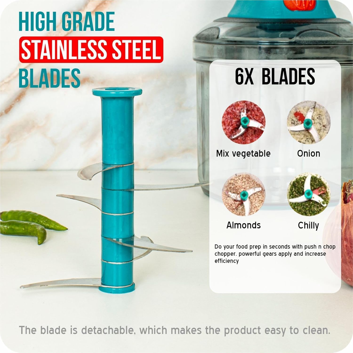 COZYCOMF Vegetable Chopper | Manual Hand Press Chopper with 6 Blades for Effortless Chopping Vegetables & Fruits | Multipurpose Cutter | Vegetable Chopper for Kitchen (1100ml) - Blue 2 71bBp+Ru4fL. SL1500