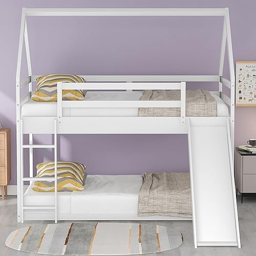 Miniatura 3 de P PURLOVE Litera individual sobre individual con tobogán para niños, adolescentes, litera baja de madera tamaño individual con techo para sala de