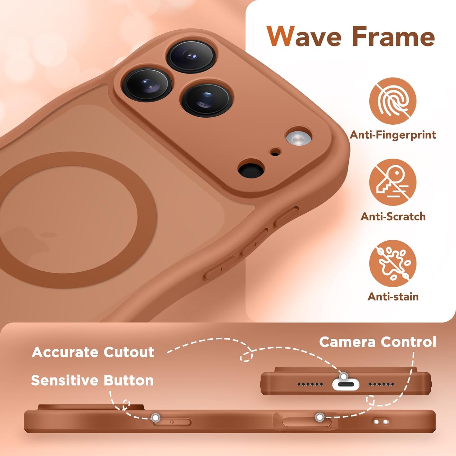 CAPRARO Magnetic for iPhone 17 Pro Case for Women Girls, Upgraded [Full Camera Protection] [Compatible with MagSafe] Cute Wave Translucent Matte Phone Case for iPhone 17 Pro, Dark Orange - Image 8
