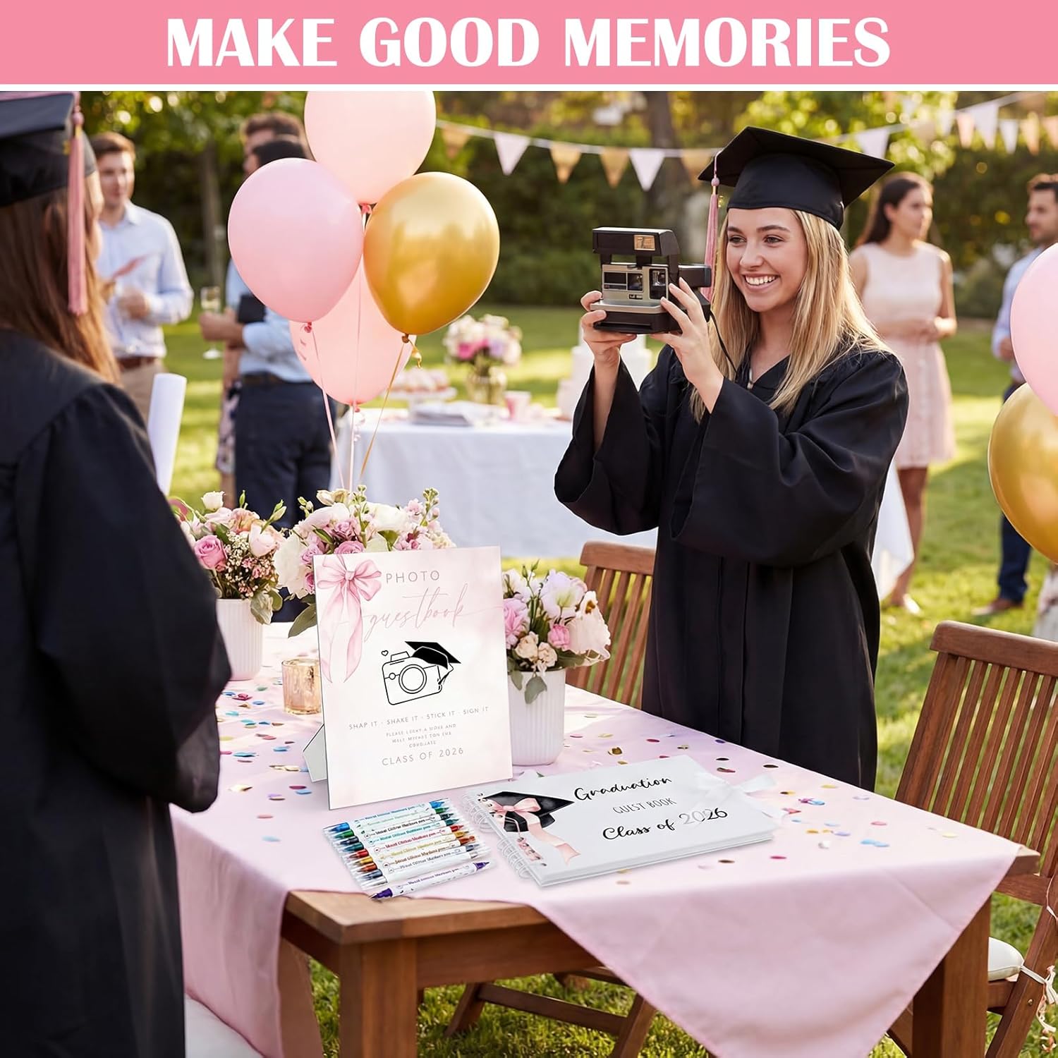 12 Pcs 2026 Graduation Guest Book with Photo Sign Decor 80 Pages Class of 2026 Scrapbook Photo Album with 10 DIY Dual Tip Metallic Markers Pens Gift, Exclude Camere(Pink Bow,Pink,10.4 Inches)