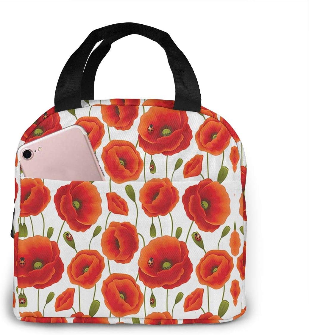 Floral Pattern of Poppy Flowers Lunch Bag for Women Girls Kids Insulated Picnic Pouch Thermal Cooler Tote Bento Large Meal Prep Cu