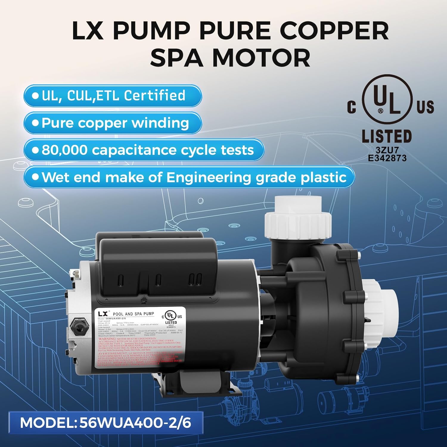 LX Pump Pure Copper SPA Motor with UL, CUL, ETL certifications