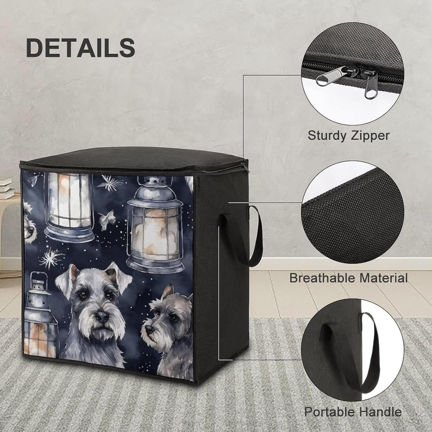 Portable Quilt Storage Bag,Dog And Lantern Printed Foldable Wardrobe Storage Box Foldable Storage Bag with Lids And Handle Large Clothing Storage Bag for Comforters Clothes Blankets Pillows