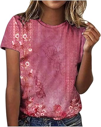 Summer Tops for Women Casual T-Shirts Shirts Graphic Tee Short Sleeve Top Floral Print Loose Top