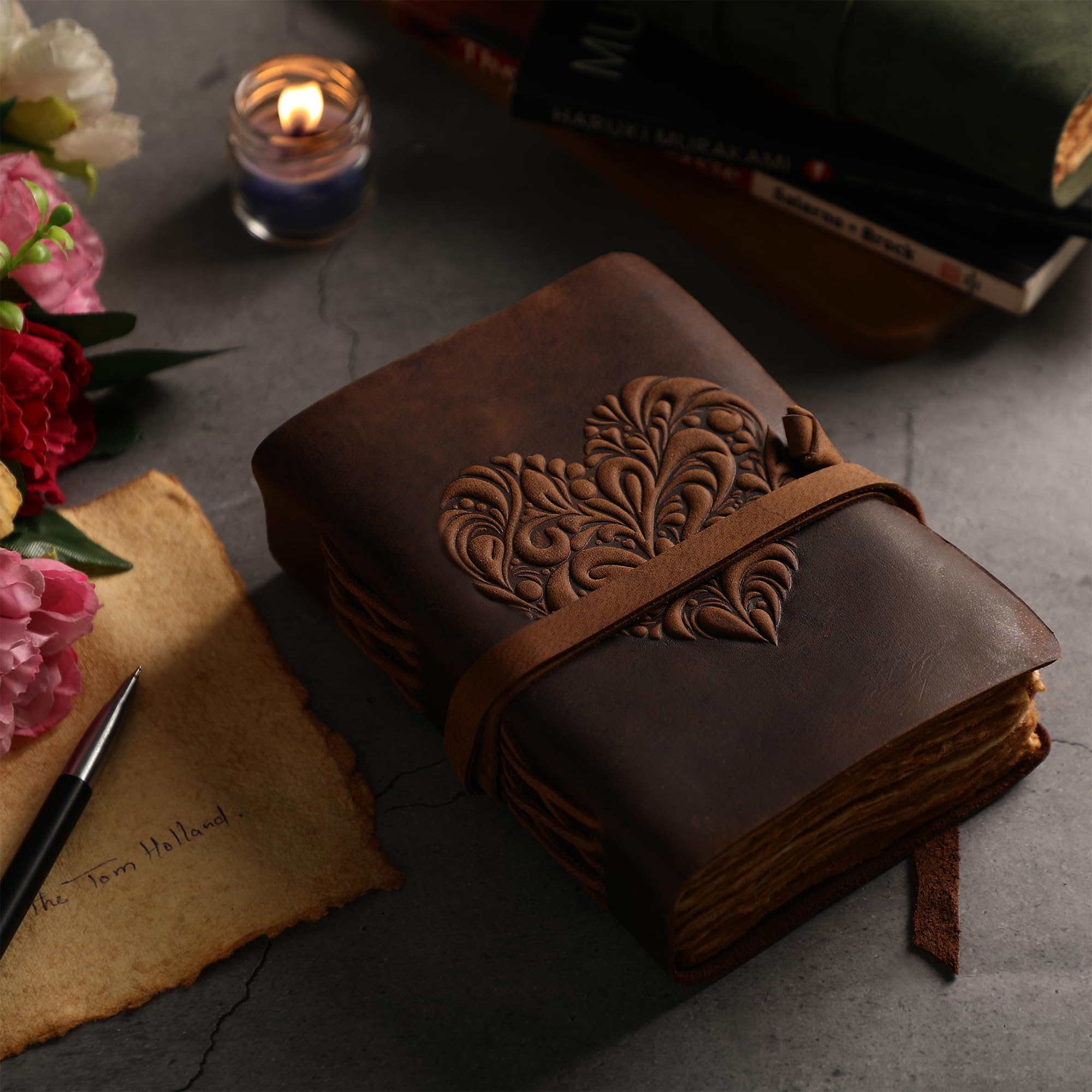 Fausta Heart Embossed Leather Journal for Men & Women - 7"x5" Writing Notebook, 240 Pages Vintage Deckle Edge Cotton Paper 150 GSM - Image 2