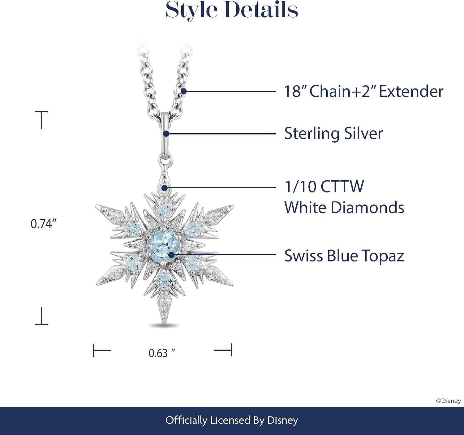 Enchanted Disney Fine Jewelry Elsa Pendant Necklace for Women | Sterling Silver | Swiss Blue Topaz & 1/10 CTTW White Diamonds | 18" Cable Chain | Princess Inspired Jewelry Gifts for Her