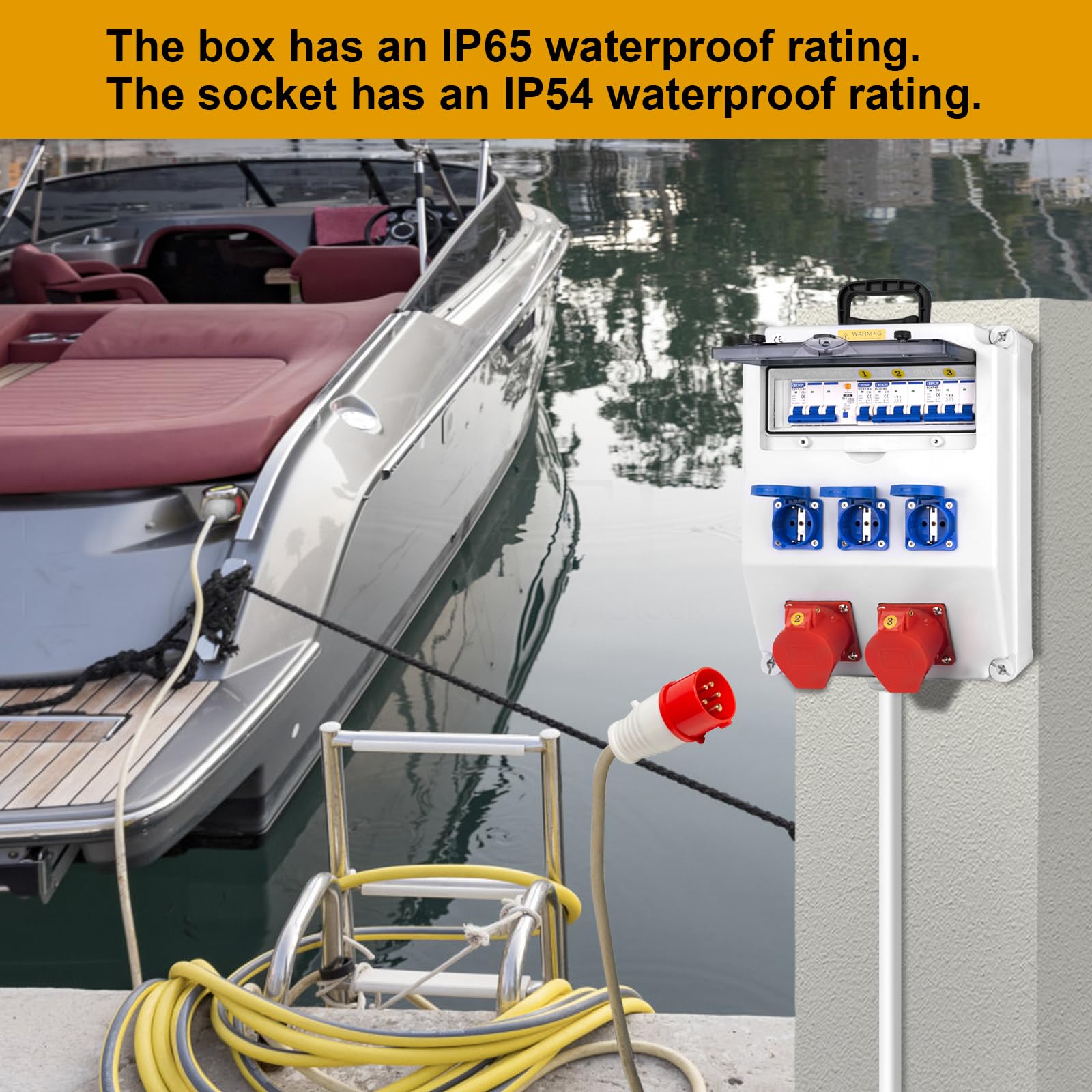 Baustromverteiler,IP65 Wasserdicht Stromverteiler mit Leitungsschutzschalter, Wandverteiler mit IP54 230V/16A Schuko Steckdose und IP44 CEE Steckdose 400V/16A