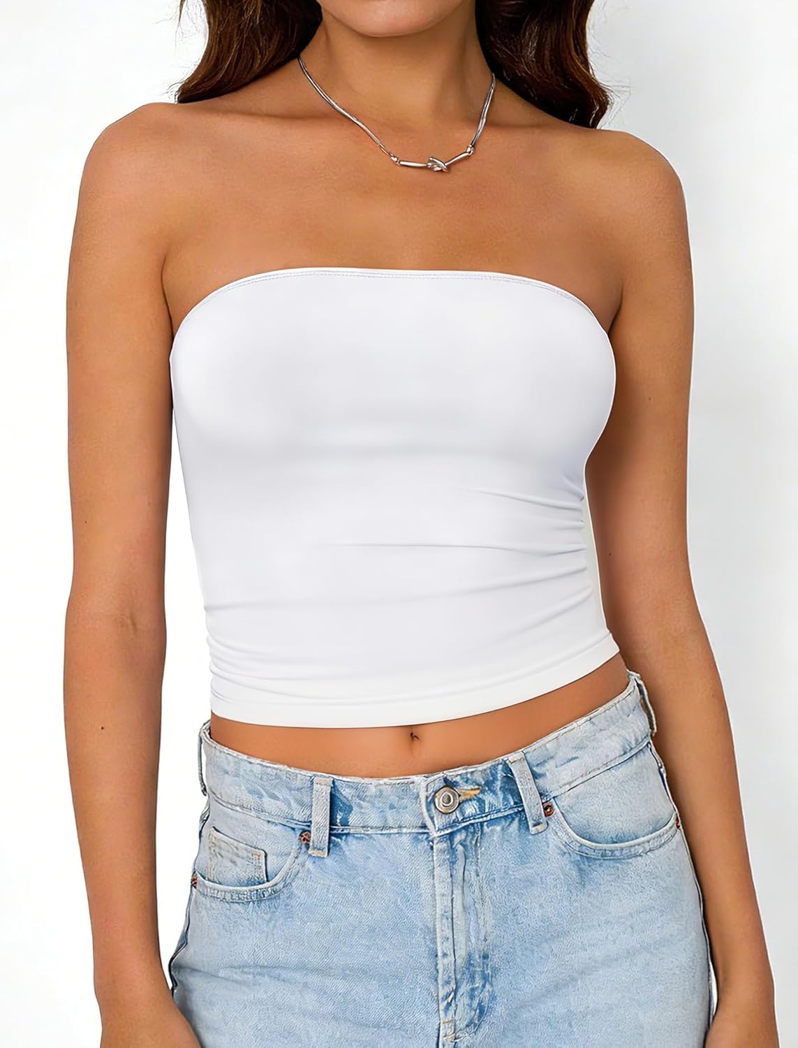 Womens Tube Tops Summer Backless Crop Cute Y2K Strapless Basic Bandeau 2026 Trendy Going Out Outfits - Image 2