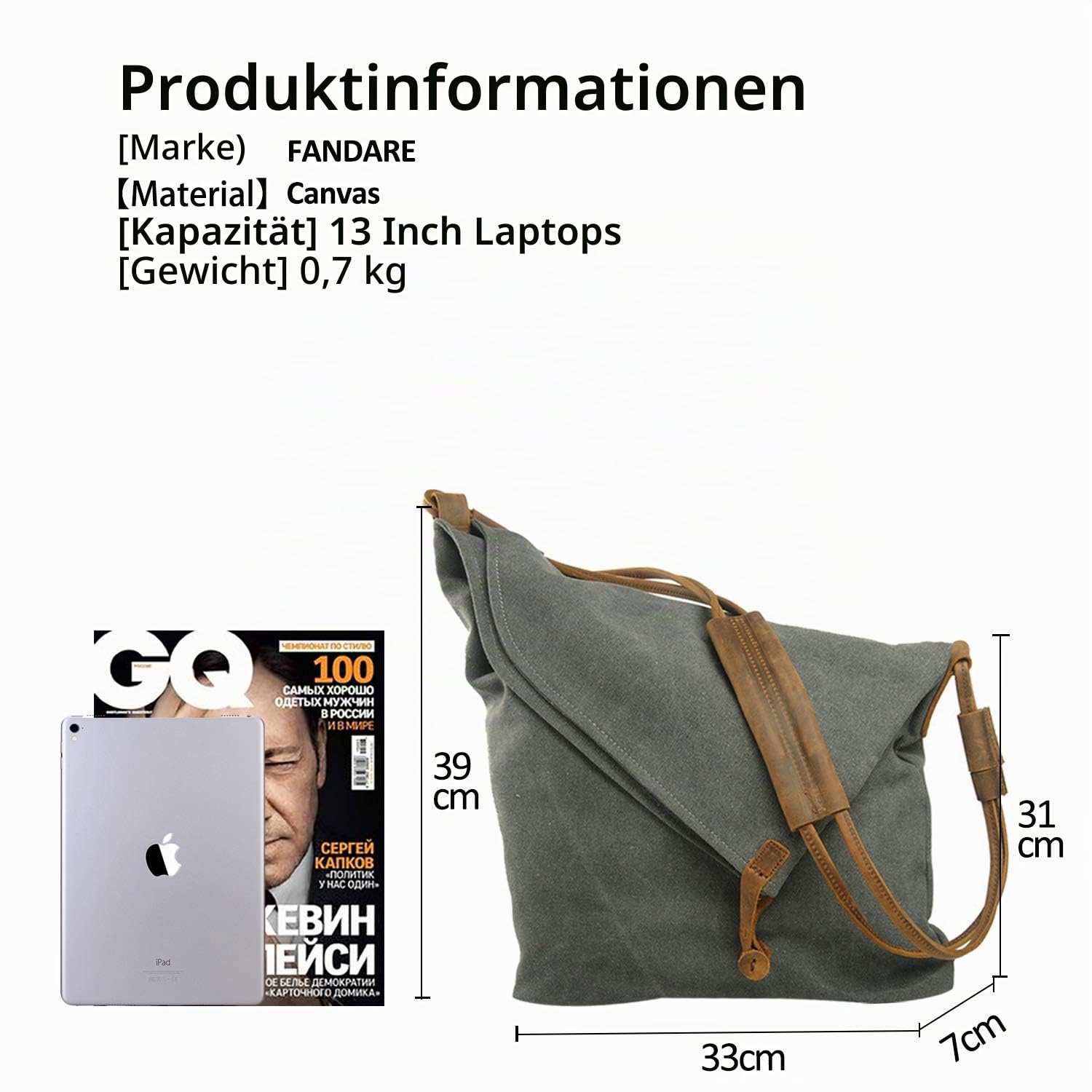 FANDARE Retro Umhängetasche Herren/Damen 13 inch Laptop Tasche Business Commuter Crossbody Bag Outdoor Reisen Große Kapazität Messenger Tasche Atmungsaktiv Leinwand
