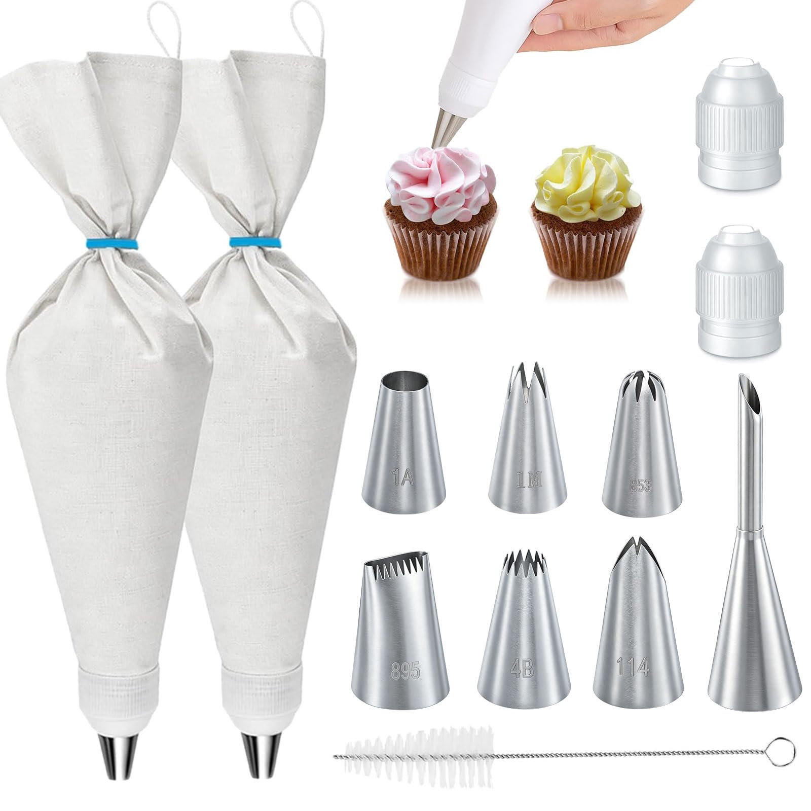 Reusable Piping Bags and Tips Set, 2pcs 16 inch Cotton Pastry Bags and Tips