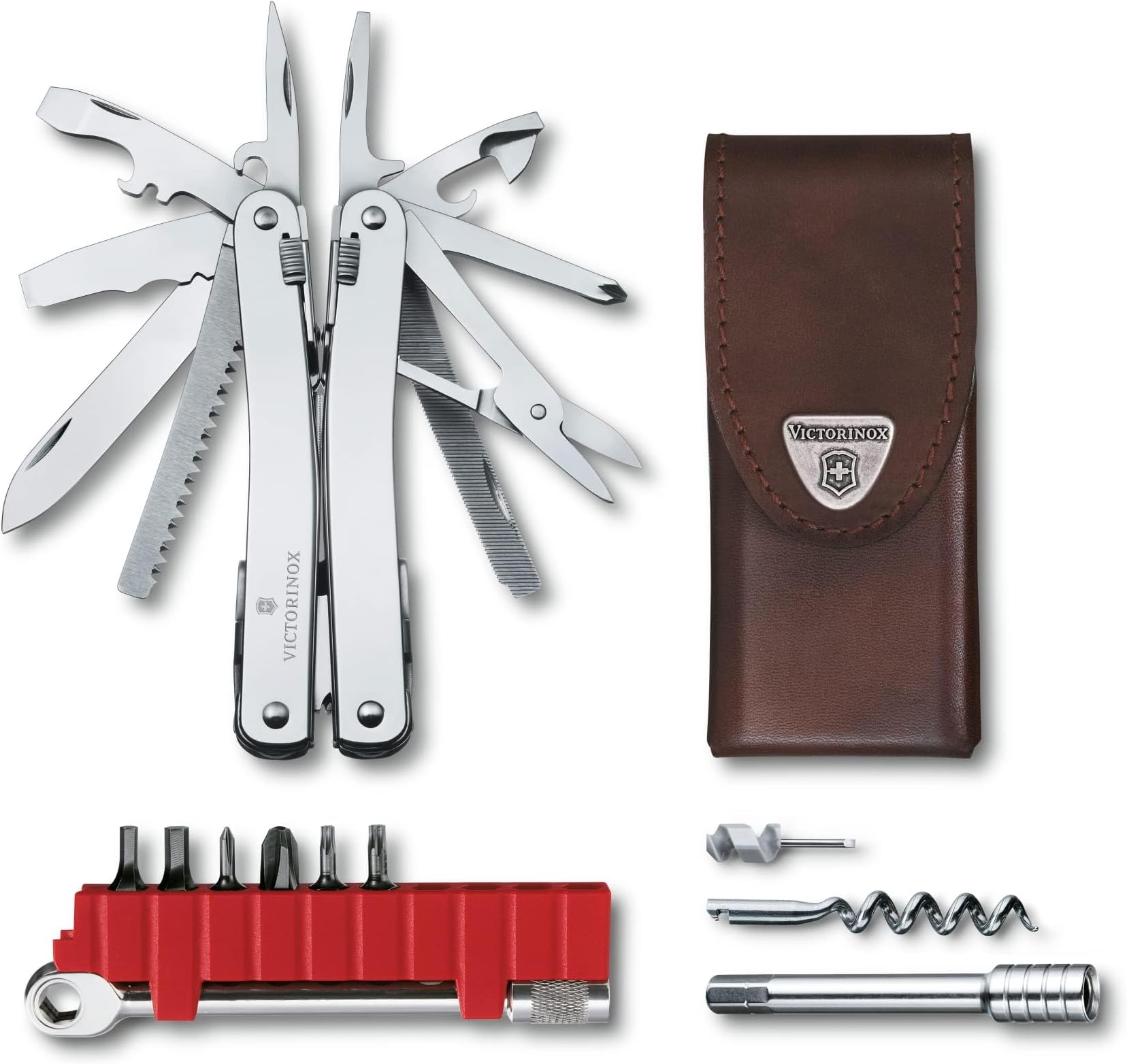 Victorinox Swiss Tool Spirit X Plus ratchet with leather pouch, Swiss Made (3.0236.L), Silver