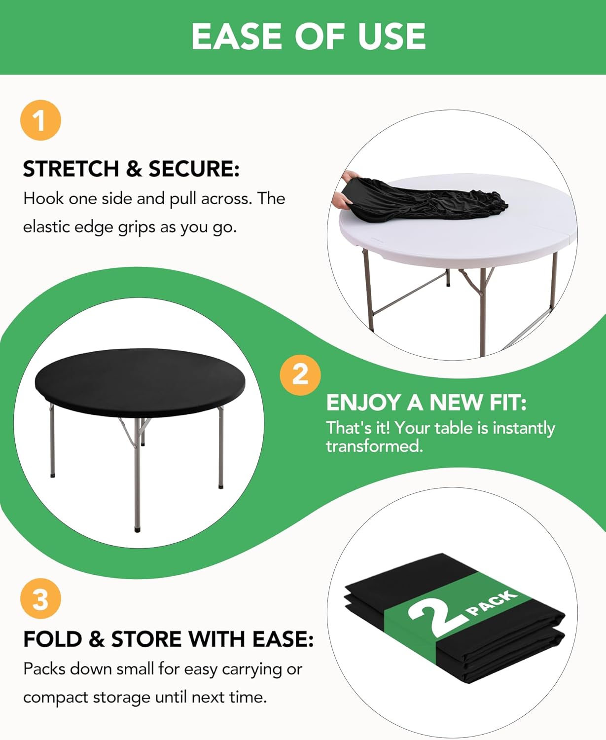 KeyWave Round Fitted Table Covers - 40-44 Inch Spandex Waterproof Tablecloth with Elastic, 2 Pack Circle Table Cloths for Kitchen Dining Room, Black - Image 4