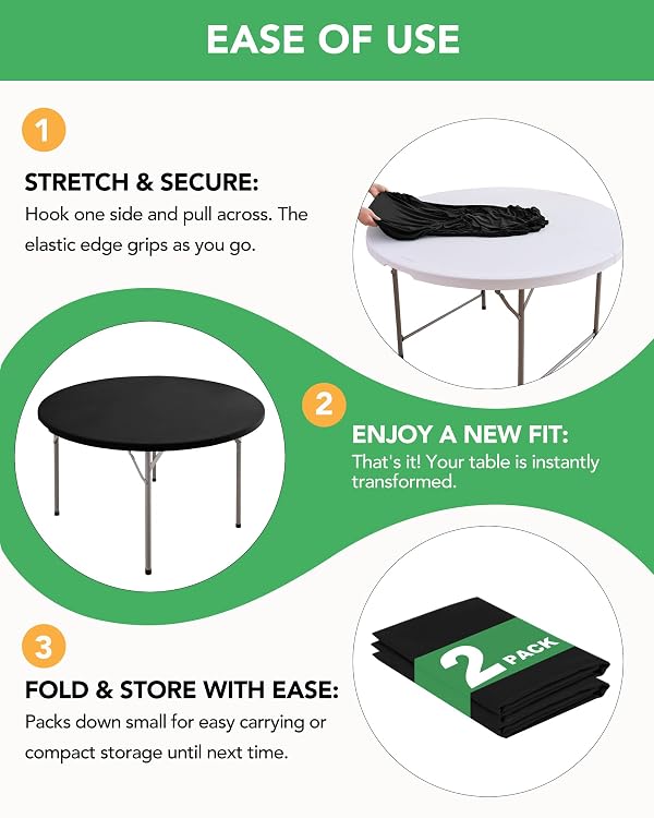 KeyWave Round Fitted Table Covers - 40-44 Inch Spandex Water-Resistant Tablecloth with Elastic, 2 Pack Circle Table Cloths for Kitchen Dining Room, Black by KeyWave - Image 4