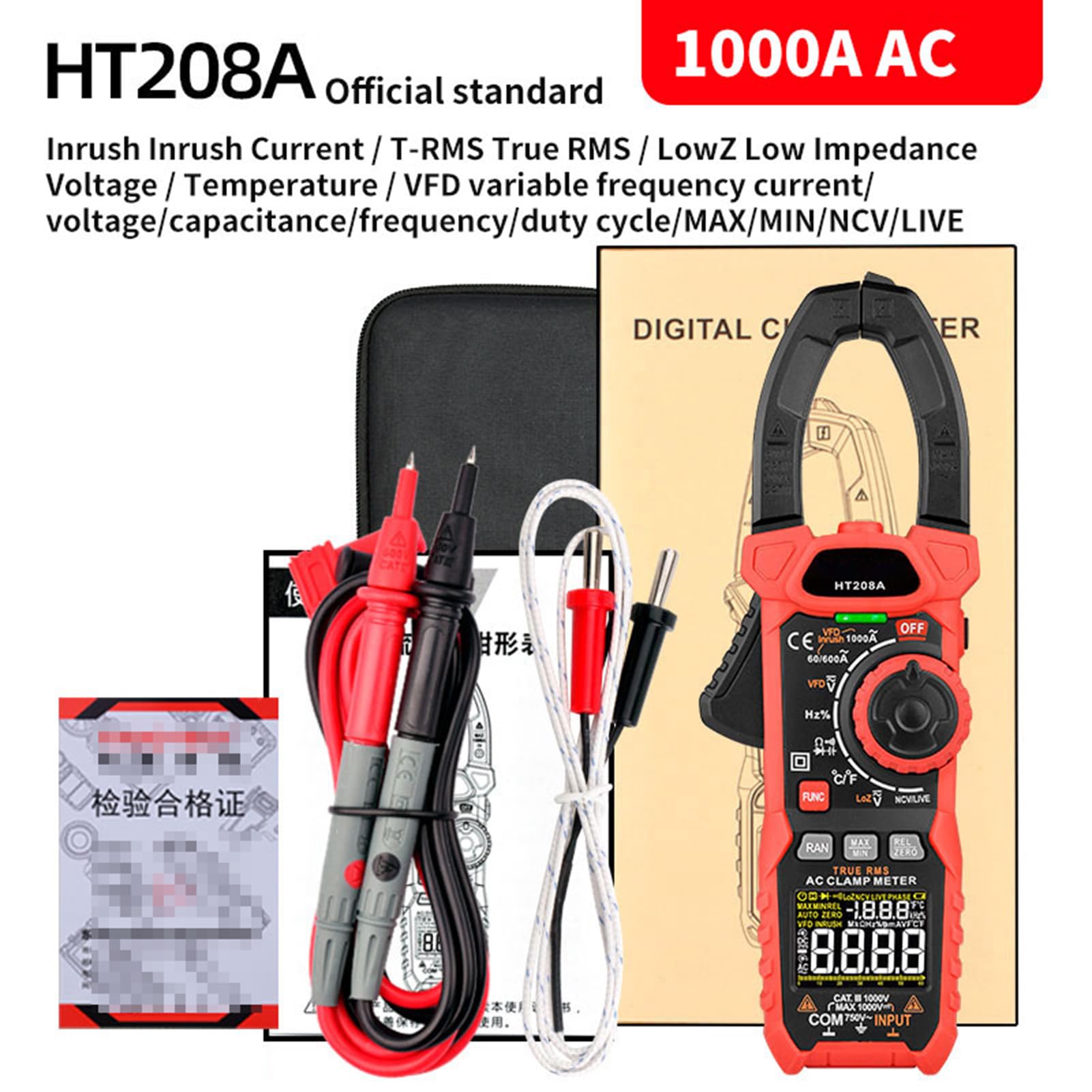 Pinza Amperometrica Digitale 6000 Conteggi NCV Tester di Tensione Senza Contatto Ganascia da 40 Mm, con Corrente CA CC Tensione Resistenza Capacità Temperatura (HT208A senza batteria (1000
