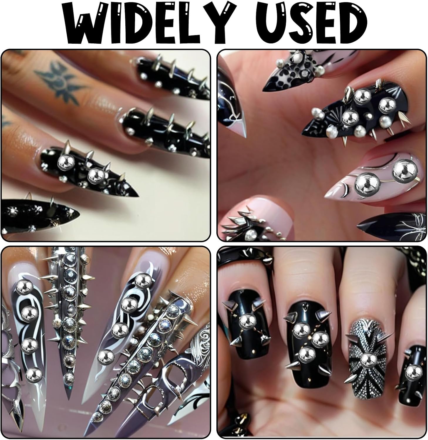 2 Boxes 3D Metal Punk Nail Charms Mixed Sizes Cone Spikes Rivet Punk Jewelry Manicure Charms Steel Balls with Tweezers Accessories DIY Crafts Decorations