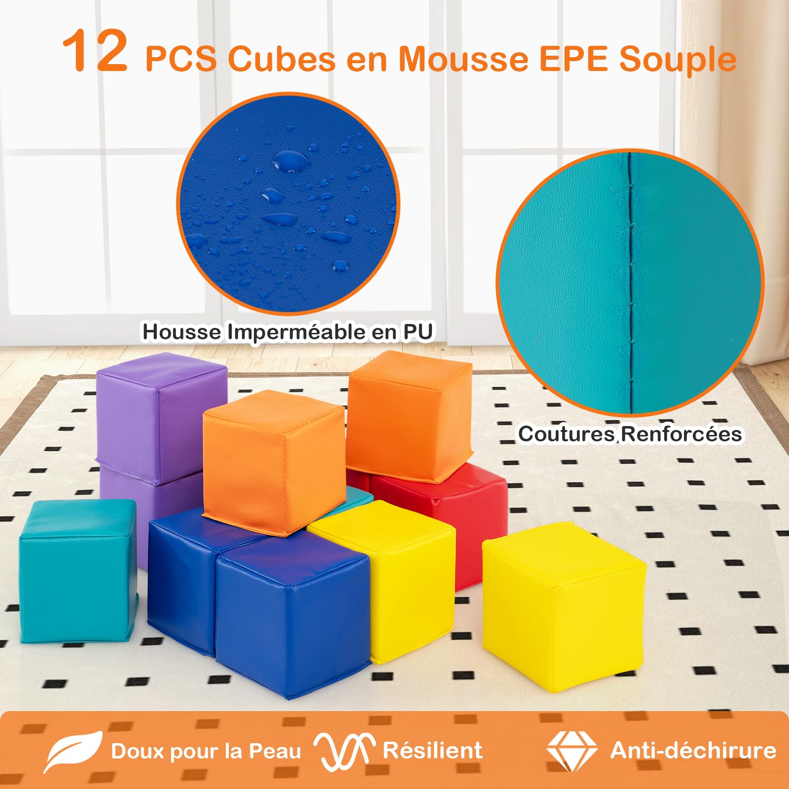 COSTWAY 12 PCS Module Motricité Bébé en Mousse EPE avec Housse en PU, Cubes de Construction Bébé en Mousse Légers, Jouets Éducatifs pour Enfants d'Âge Préscolaire, Multicolore (Violet+Jaune)