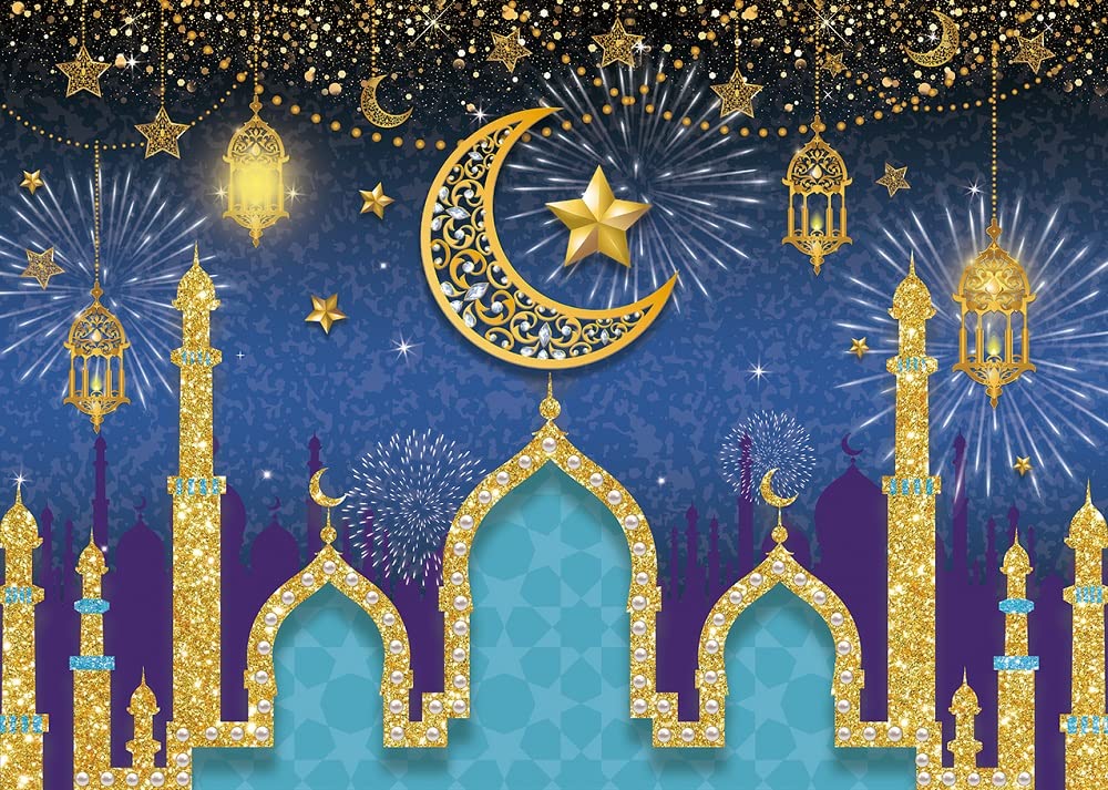 INRUI Eid Mubarak sfondo fotografico musulmano notte araba lanterna luna castello decorazione partito sfondo (2,1 x 1,5 m)