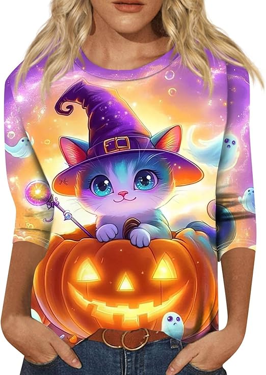 Cute Funny Halloween Shirts for Women Plus Size 3/4 Length Long Sleeve Womens Tops Witch Gothic Renaissance Shirt