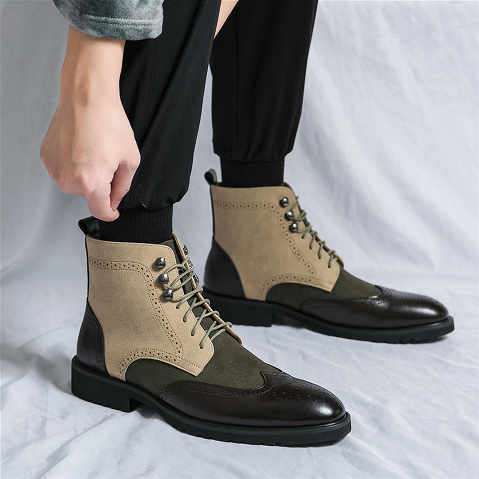Stivaletti Uomo Pelle PU Brogue Vintage Stringate Scarpe Eleganti